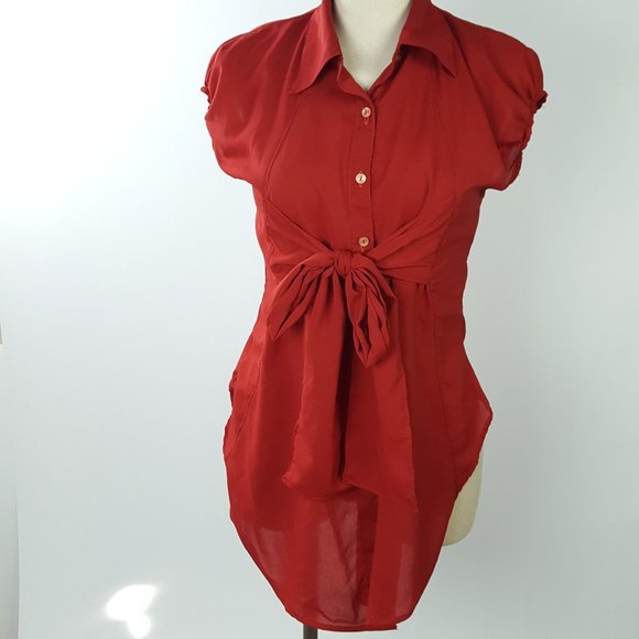 Bow Tie High Low Assymmetrical Blouse Red - Picture 7 of 10